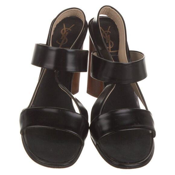 Authentic Yves Saint Laurent Black Leather Open Toe Shoe Block Wood Heel EU 40.5 - Picture 8 of 10